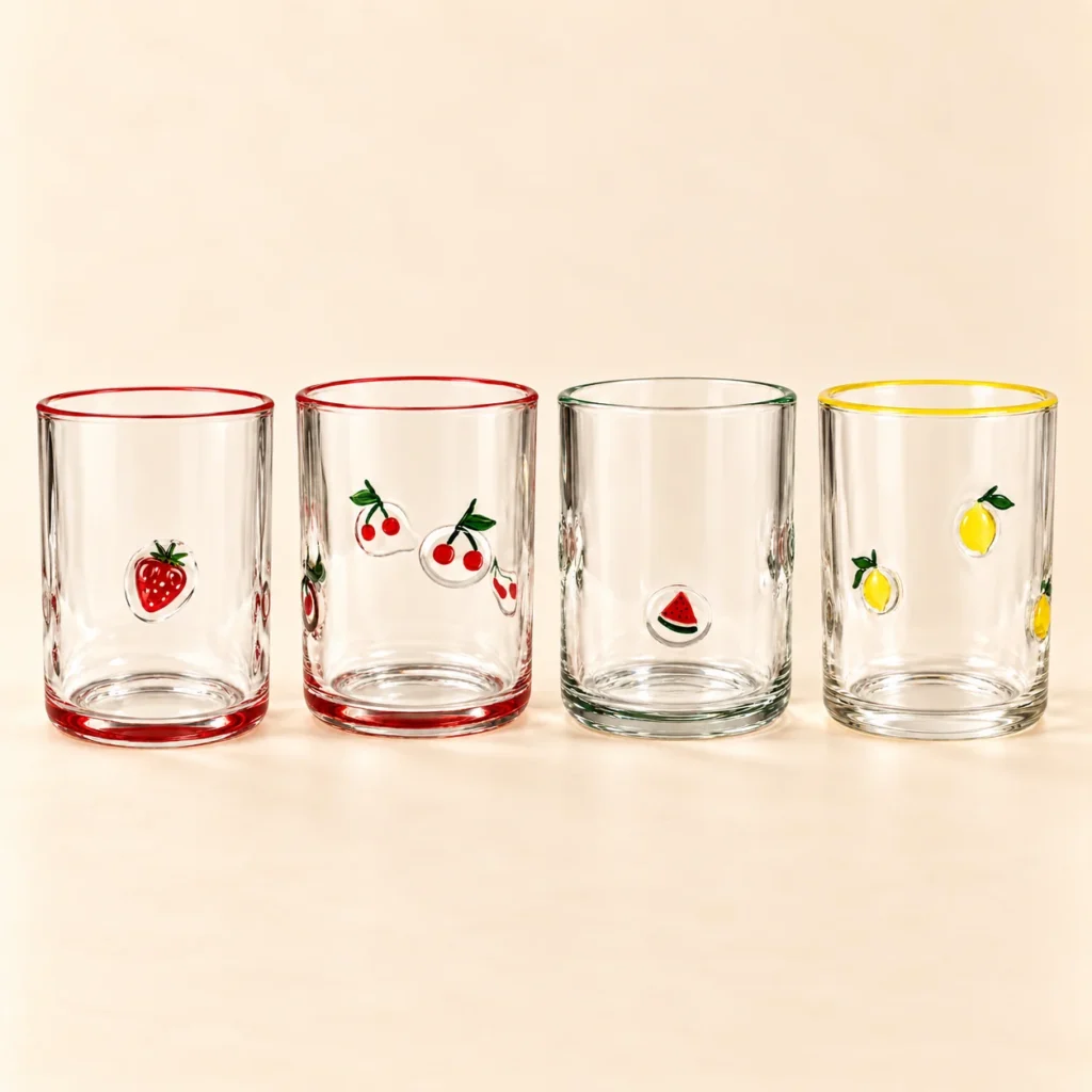 Fruit Glass Set of 4: strawberry, cherry, watermelon and lemon glasses side by side