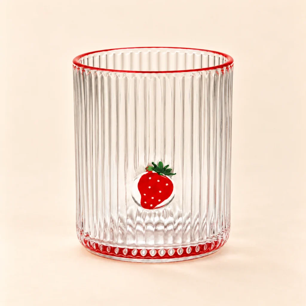 Ribbed Fruit Glass with strawberry design: a clear ribbed tumbler with raised strawberry motifs