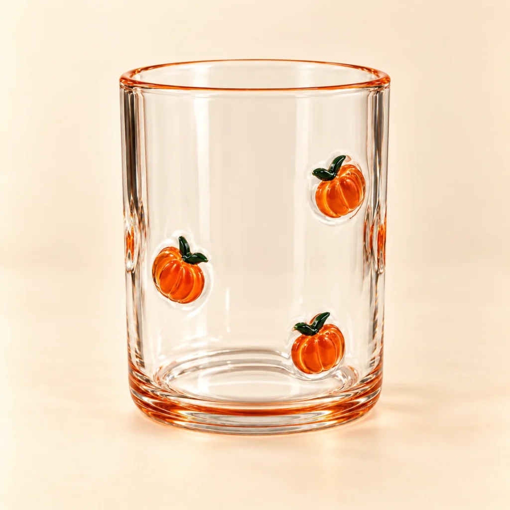Fruit Glass with pumpkin design: a clear tumbler with raised pumpkin motifs