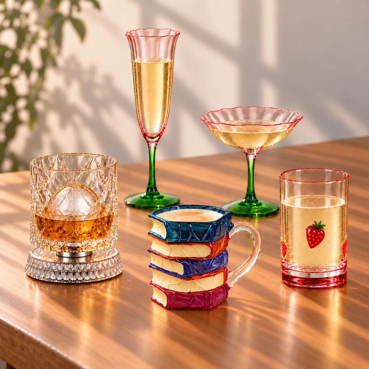 A spinning whiskey glass, Tulip champagne glasses, a stacked books mug and a strawberry fruit glass on a sunny wooden table