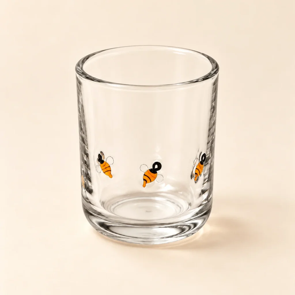Honey Bee Glass Tumbler: a clear drinking glass with small orange and black bees around the lower half