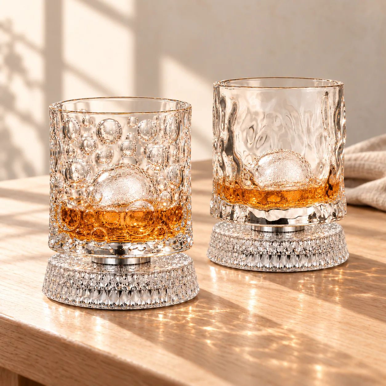 Two textured glasses on a warm wooden table