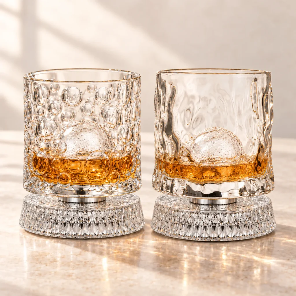 Spinning whiskey gift set: bubble and wood grain glasses with whiskey and ice balls on their spinning bases