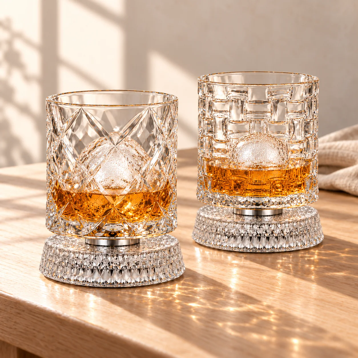 Textured glasses with whiskey on a sunlit table