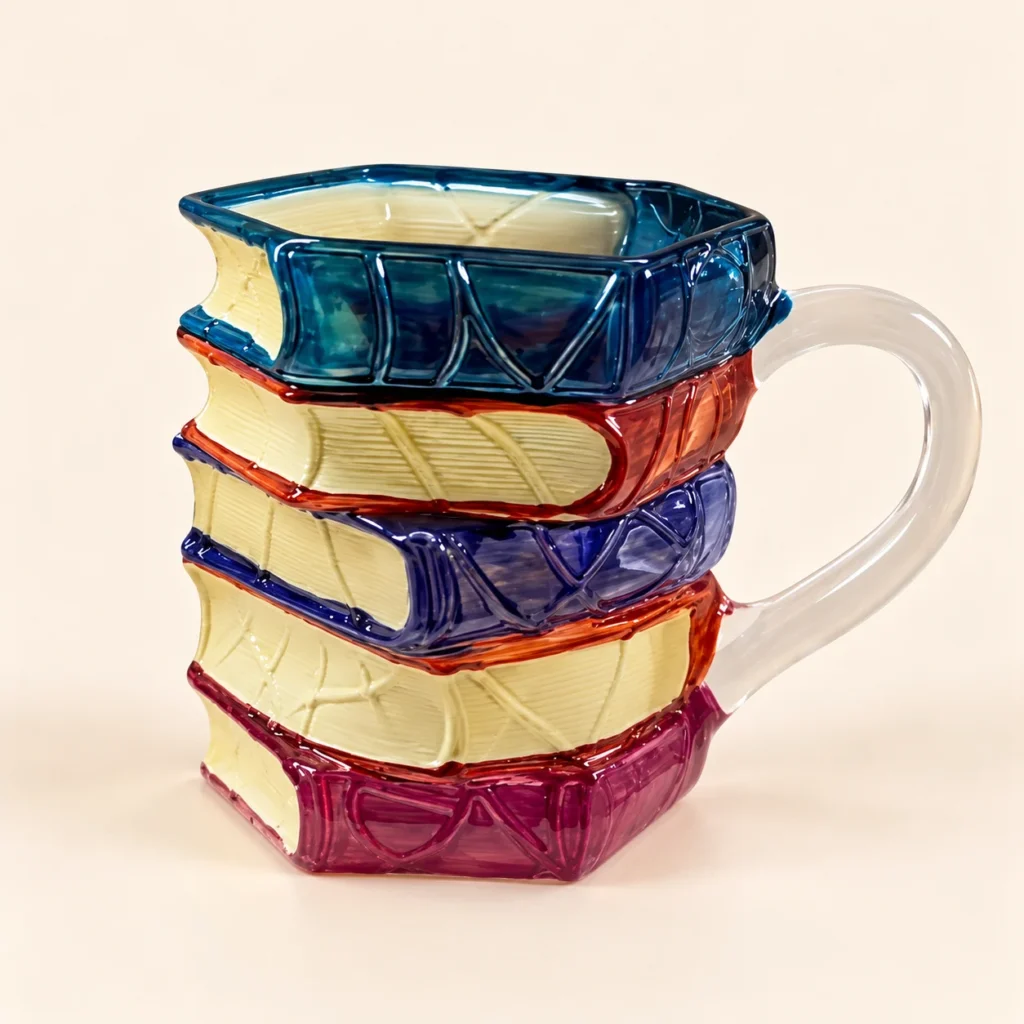 Stacked Books Glass Mug: five glass books in blue, red, purple and magenta with cream pages and a clear handle