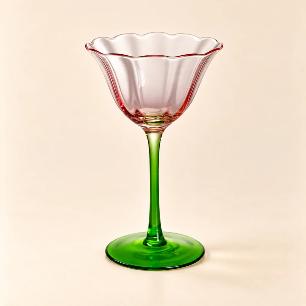 Tulip Cocktail Glass in rose & green: a scalloped, petal-shaped glass on a slim stem