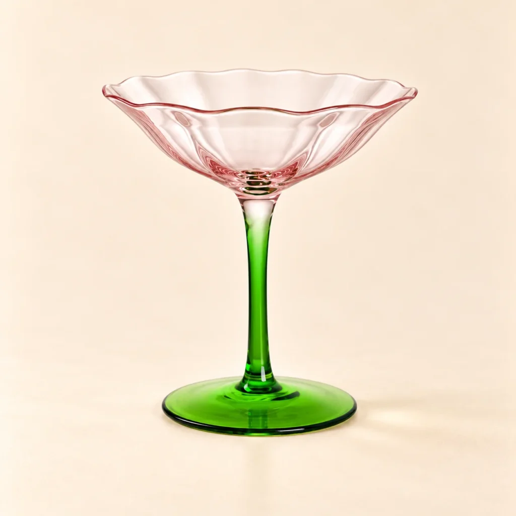 Tulip Champagne Coupe in rose & green: a scalloped, petal-shaped glass on a slim stem