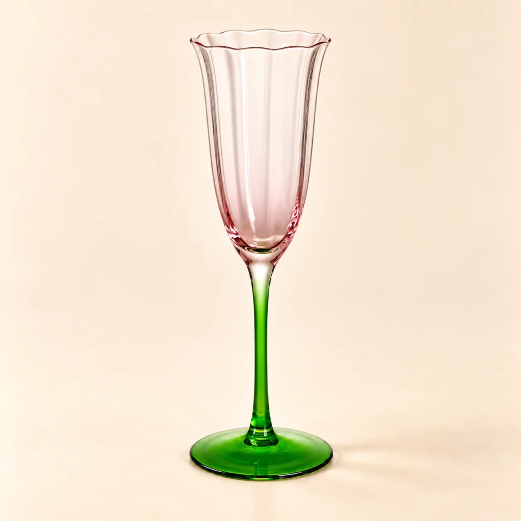 Tulip Champagne Flute in rose & green: a scalloped, petal-shaped glass on a slim stem