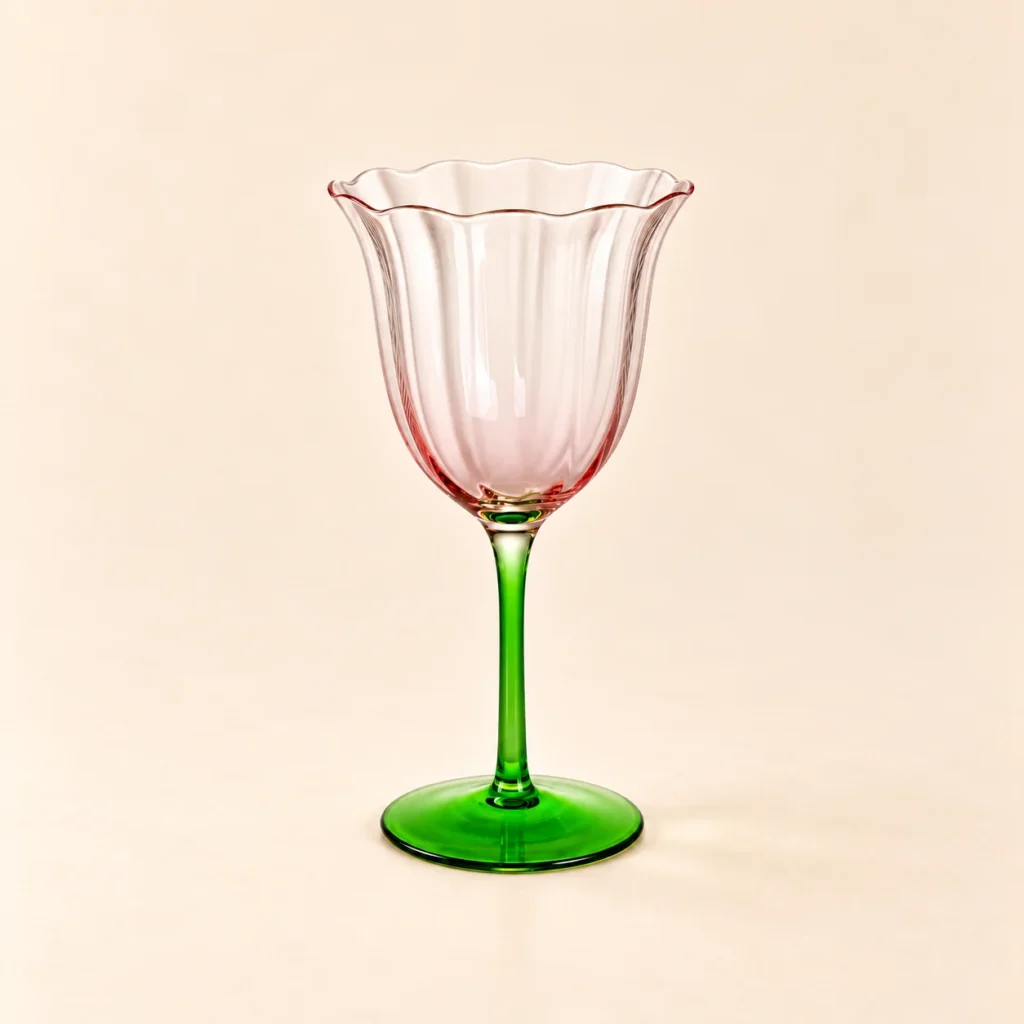 Tulip Wine Glass in rose & green: a scalloped, petal-shaped glass on a slim stem