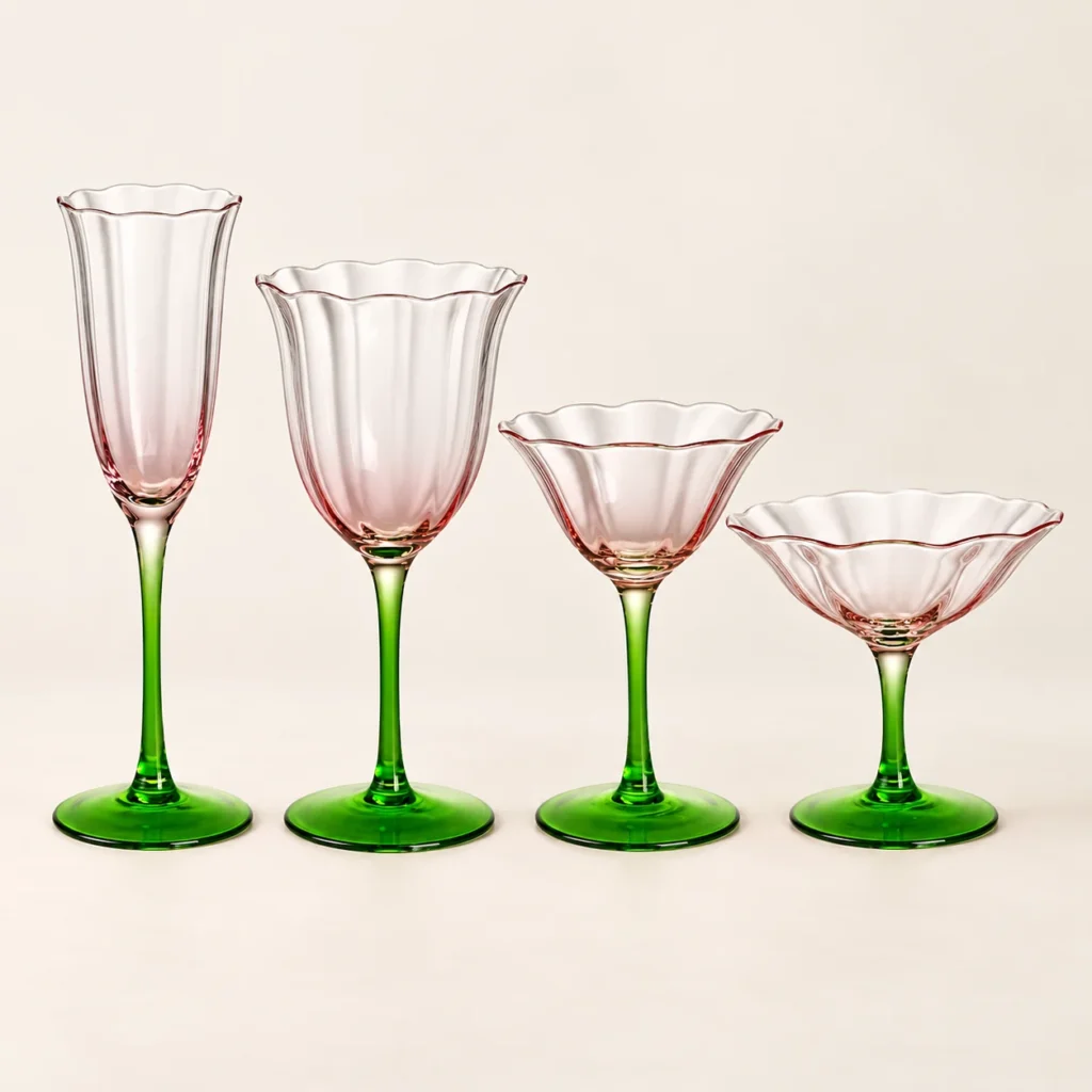 Tulip Glass Set of 4 in rose & green: a champagne flute, wine glass, cocktail glass and champagne coupe side by side