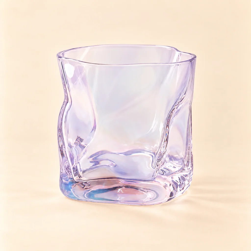 Twist Glass in iridescent: a short glass with a softly twisted, crumpled shape