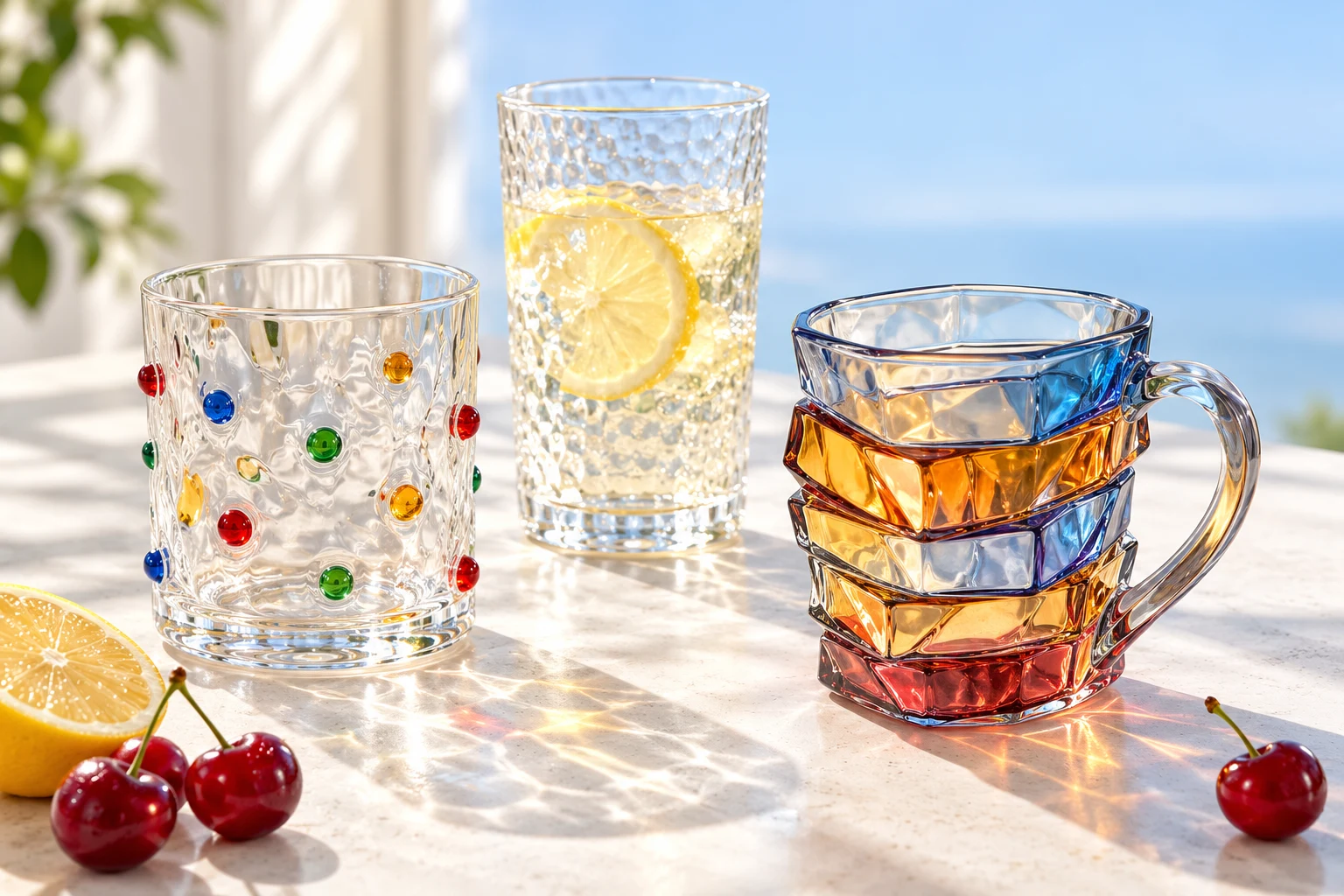 Colorful CLINKHAUS glassware in warm sunlight